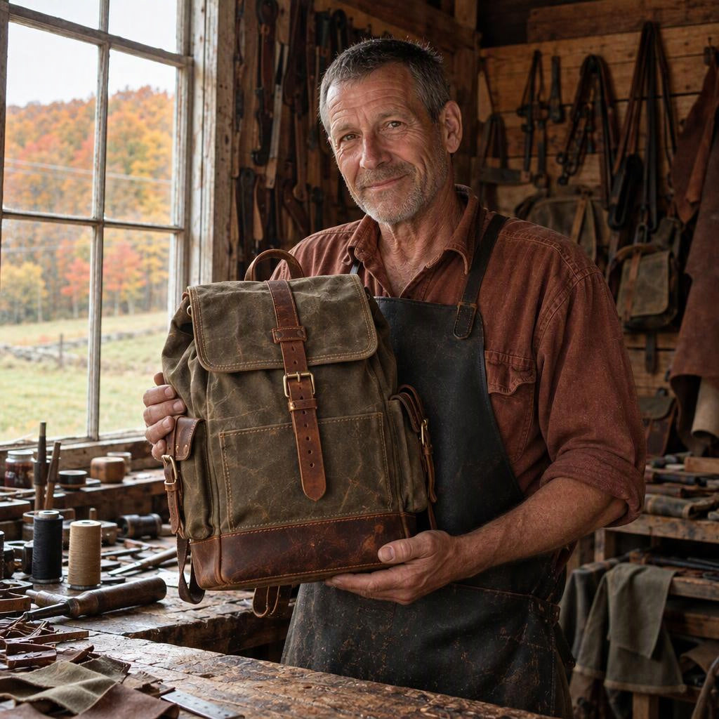 Neil Parker holding one of his bags in his workshop